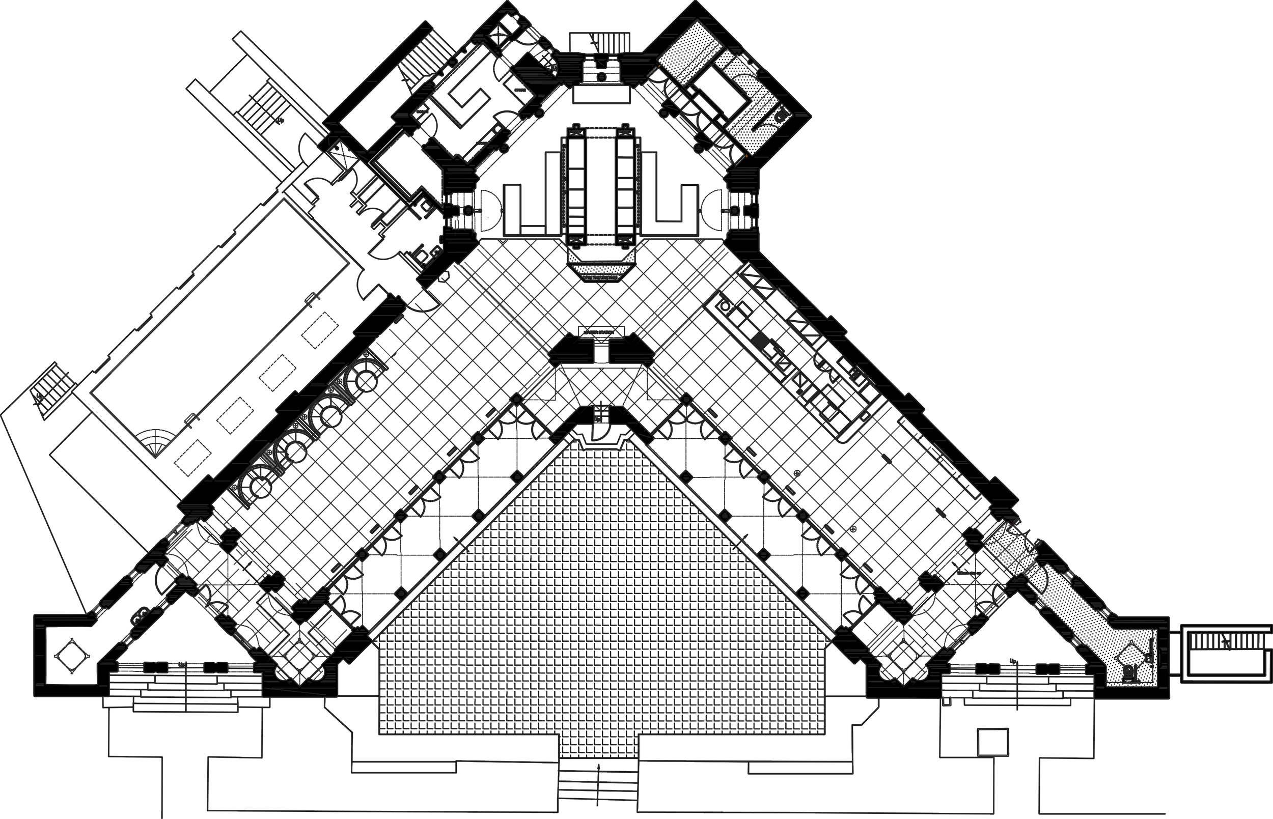Architectural drawing of a V-shaped floor plan for a Grade II listed historic chapel building,