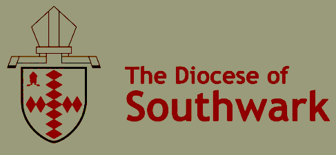 Seal of the Diocese of Southwark with a shield featuring red symbols, topped with a bishop's mitre, and text reading "The Diocese of Southwark" in red on a beige background.