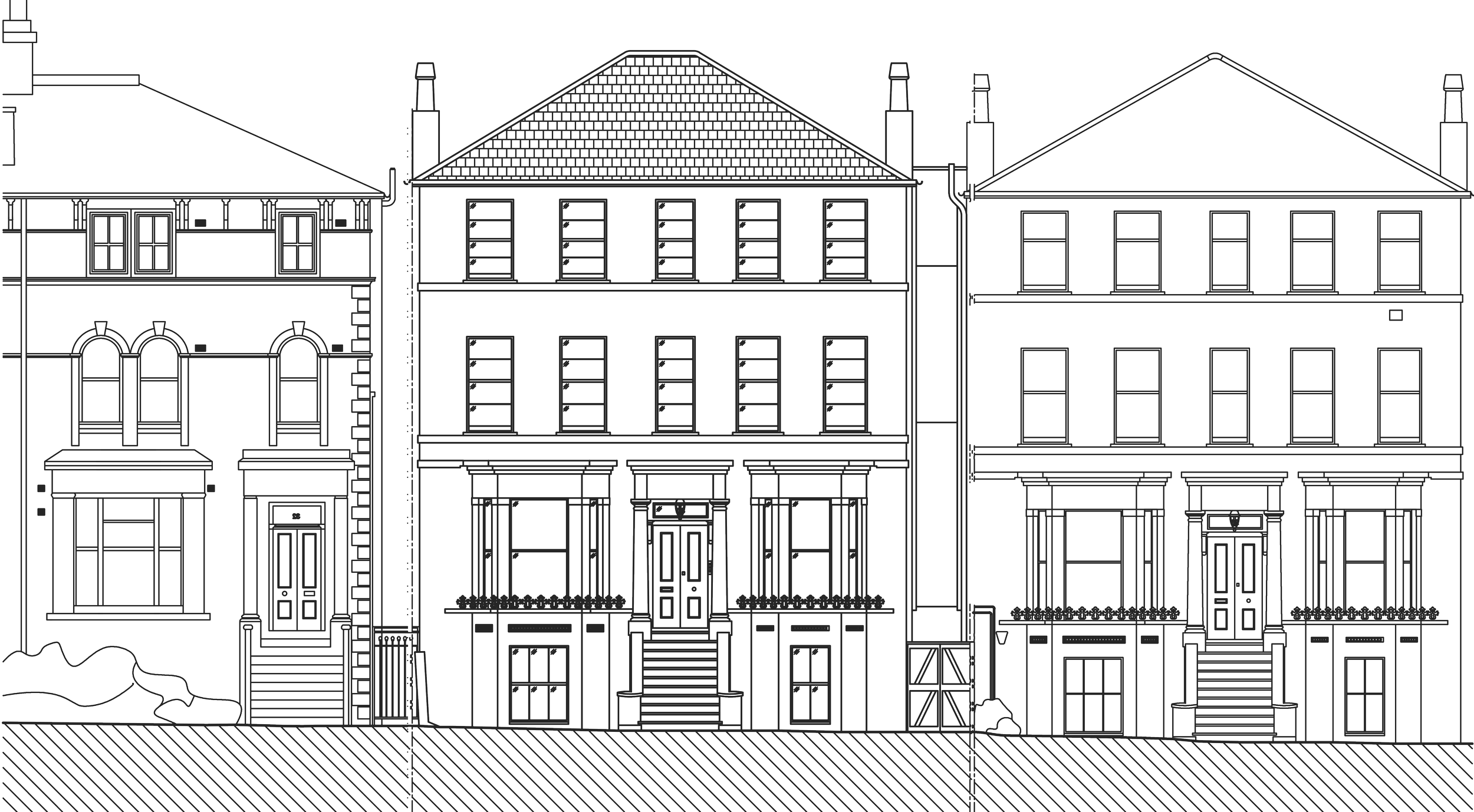 Front elevation of 30 Priory Road alongside its neighboring historic townhouses. The drawing depicts the symmetrical facade of the historic four-story townhouse.