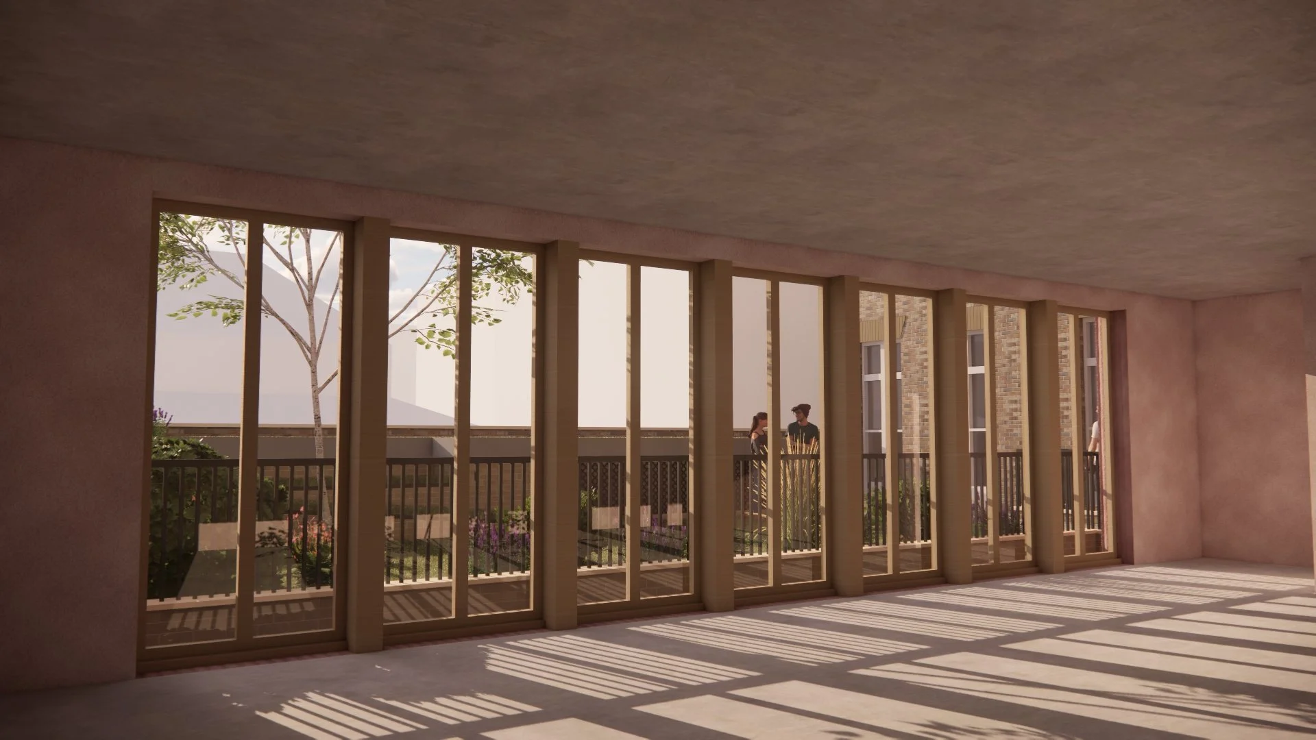 An interior architectural rendering looking out from the ground floor of the new extension at 643 Fulham Road. The view features a wide row of full-height windows that frame a landscaped communal garden.