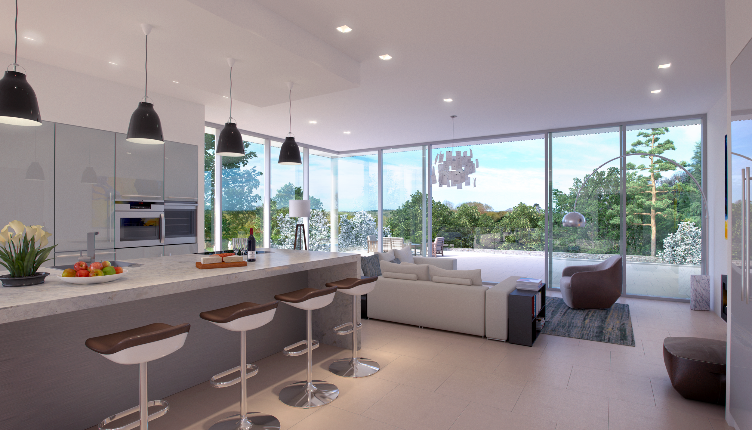 interior rendering of a luxury modern open-plan home, showcasing an island kitchen seamlessly connecting with a front reception lounge area in Harvest Hill