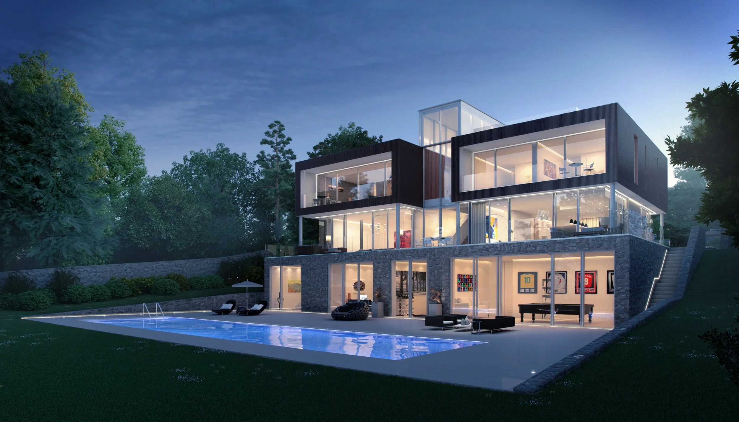 Exterior architectural dusk rendering of the contemporary luxury house at Harvest Hill