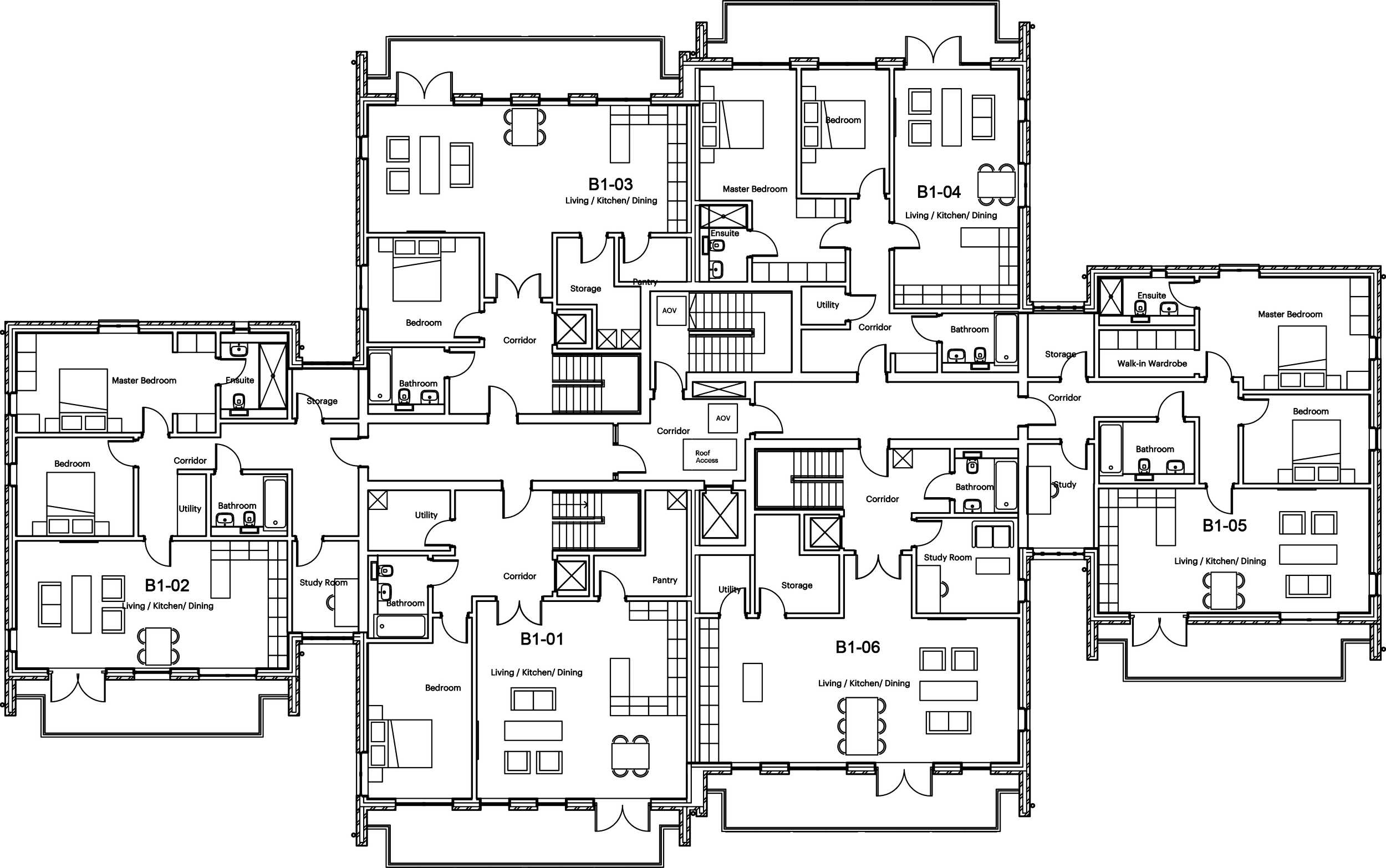 echnical multi-unit housing floor plan diagram showing six individual apartment flats arranged around central communal corridors, lift cores, and escape stairs.