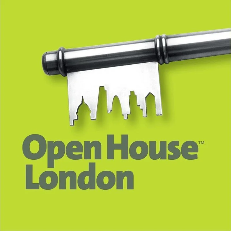 Green background with a silver house key featuring a city skyline silhouette, above the bold text 'Open House London' in dark gray.