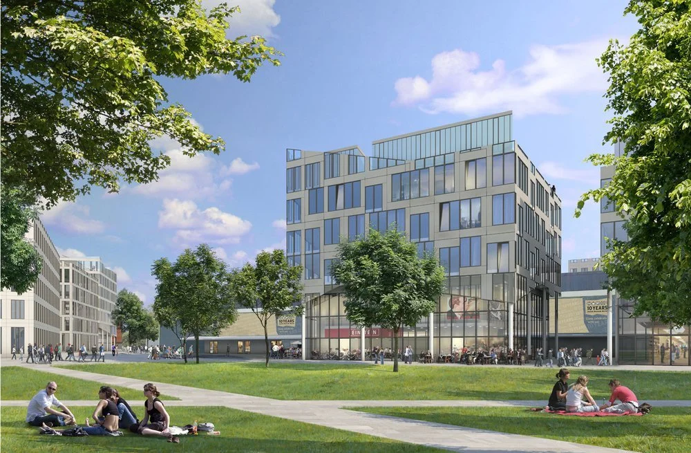 Architectural concept rendering for the Blumengrossmark redevelopment design competition in Kreuzberg, Berlin.