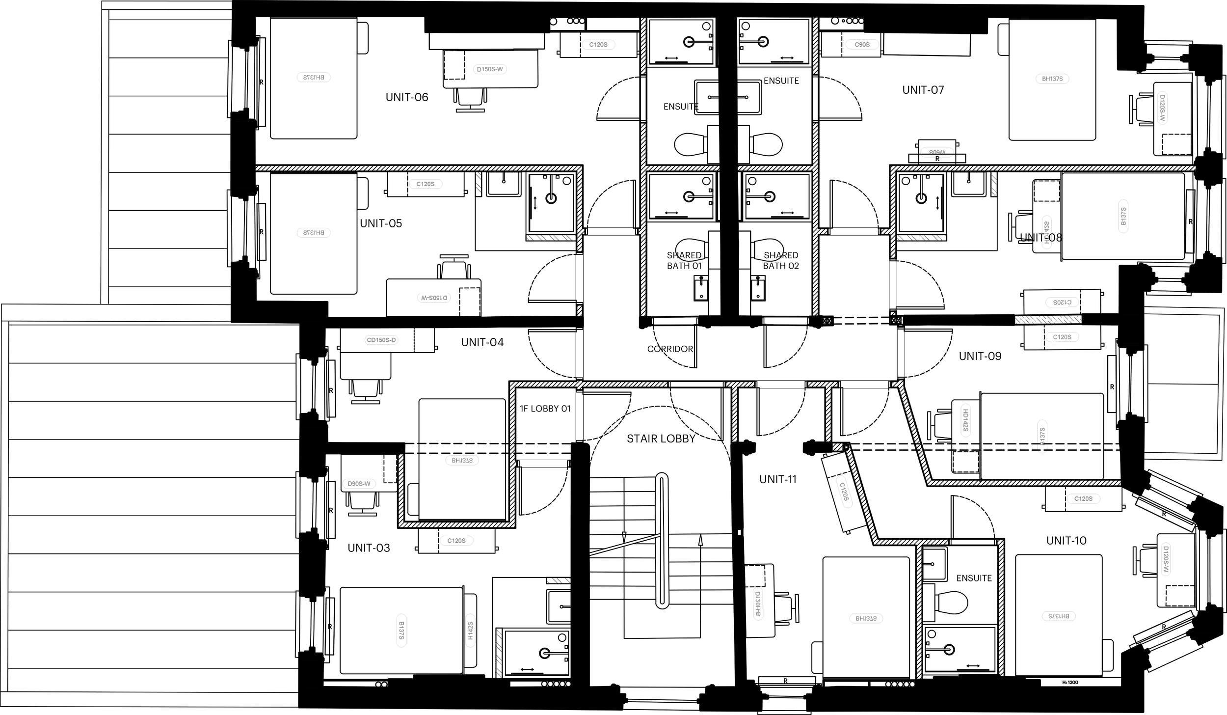 A typical floor plan illustrating the internal reconfiguration of a multi-story townhouse for the Cohabs Greencroft Gardens co-living project.