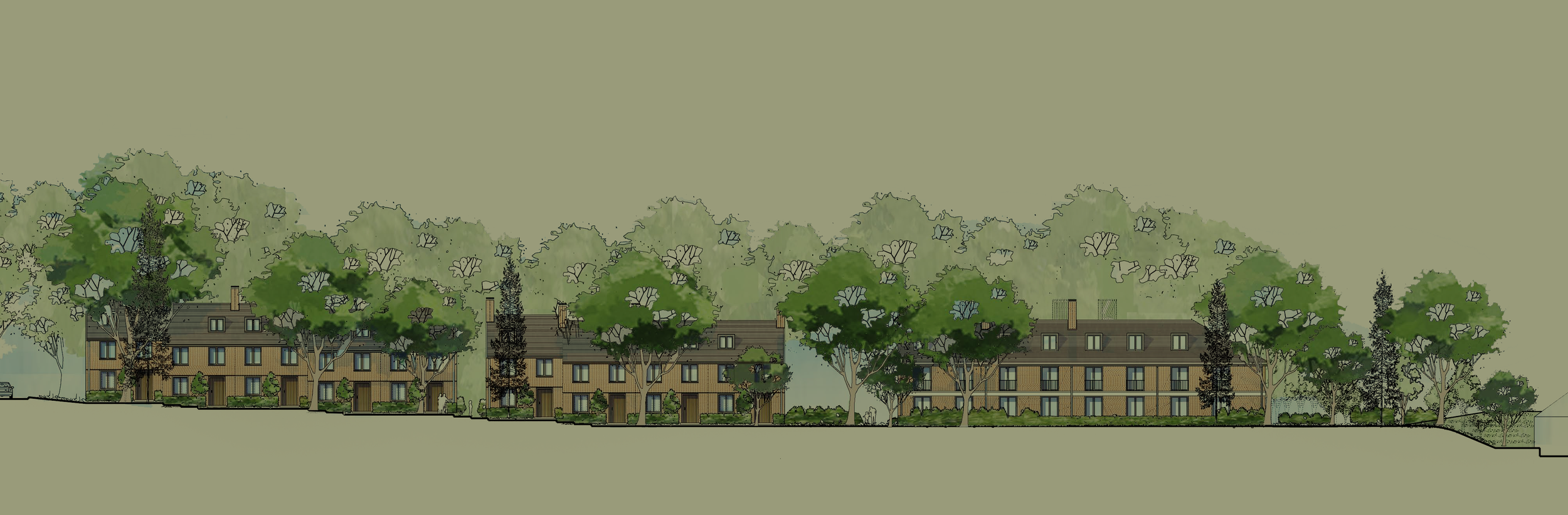 Architectural site section drawing illustrating a series of multi-story gabled retirement apartment buildings stepped down a natural hillside slope in Midhurst