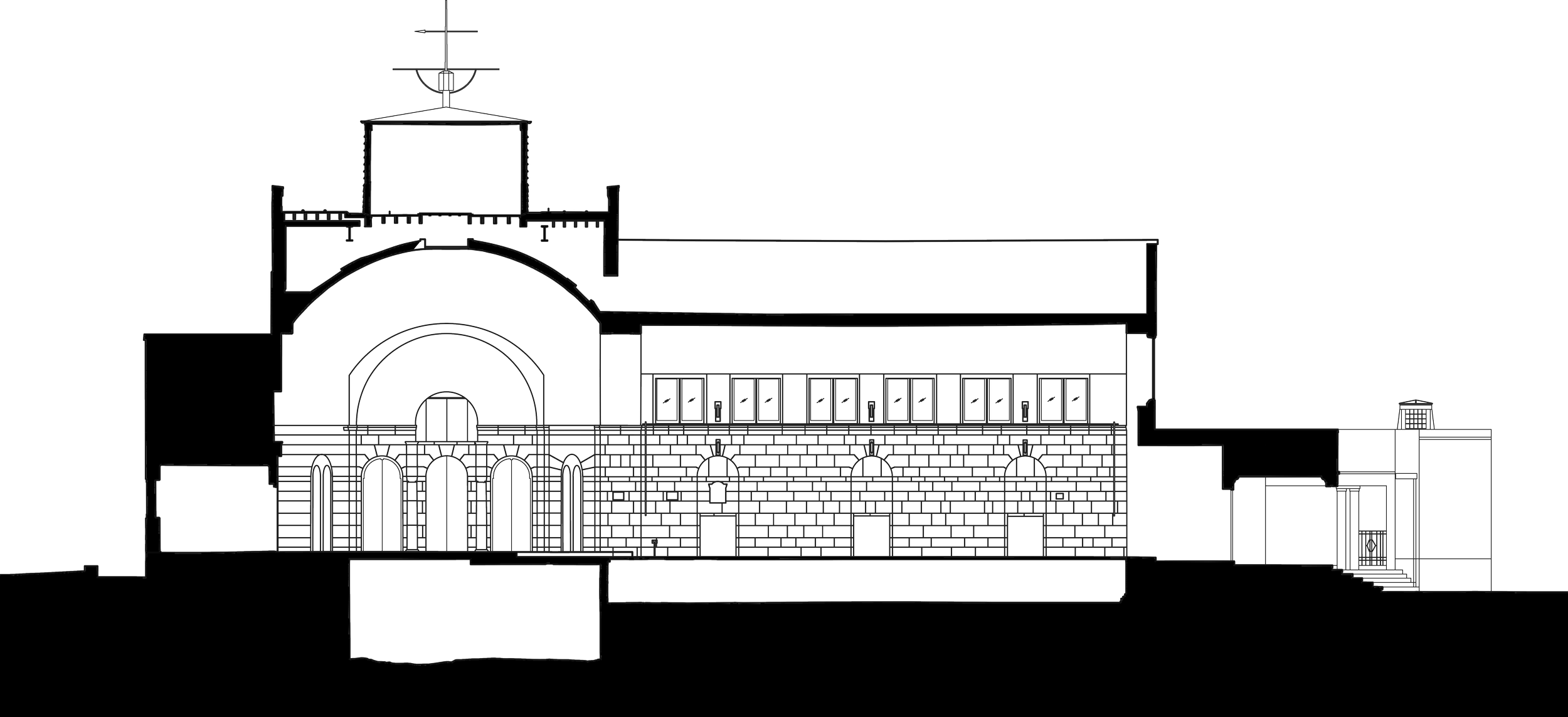 Section drawing showing the central amenities within the converted Grade II listed chapel.