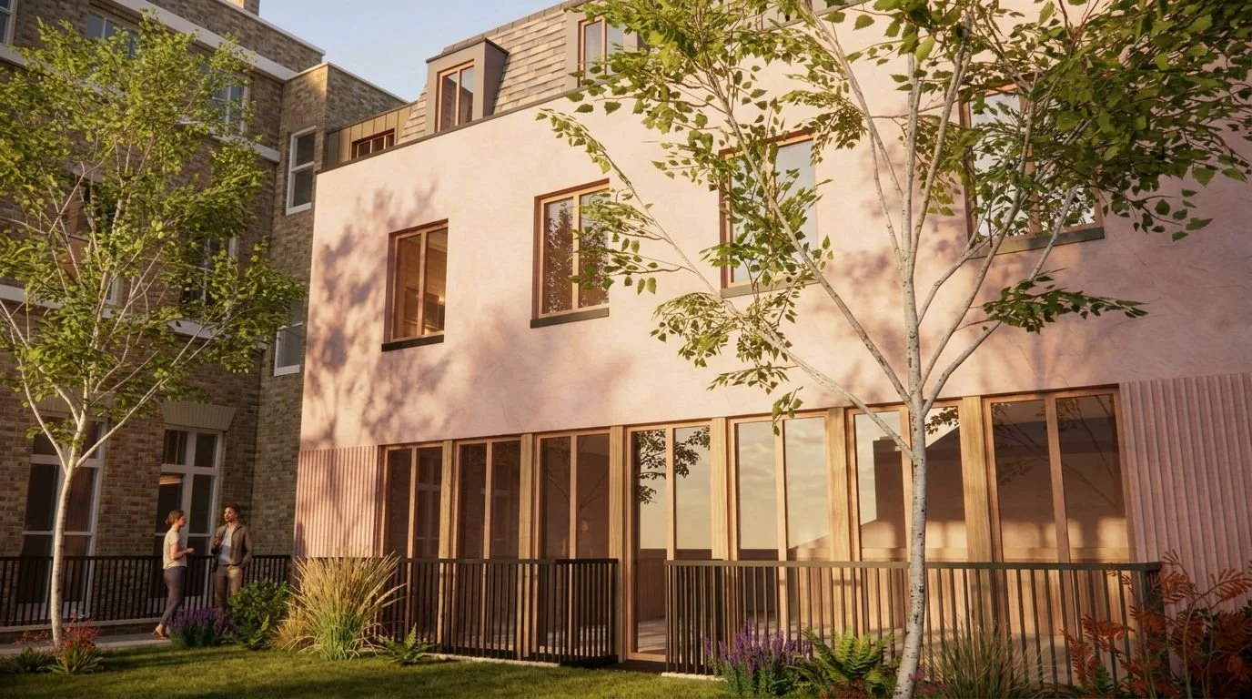 A eye-level 3D rendering showing the extension at Fulham Road viewed from the rear communal garden. This highlights the extension connected to the historic brick host building by a multi-story glazed link structure.