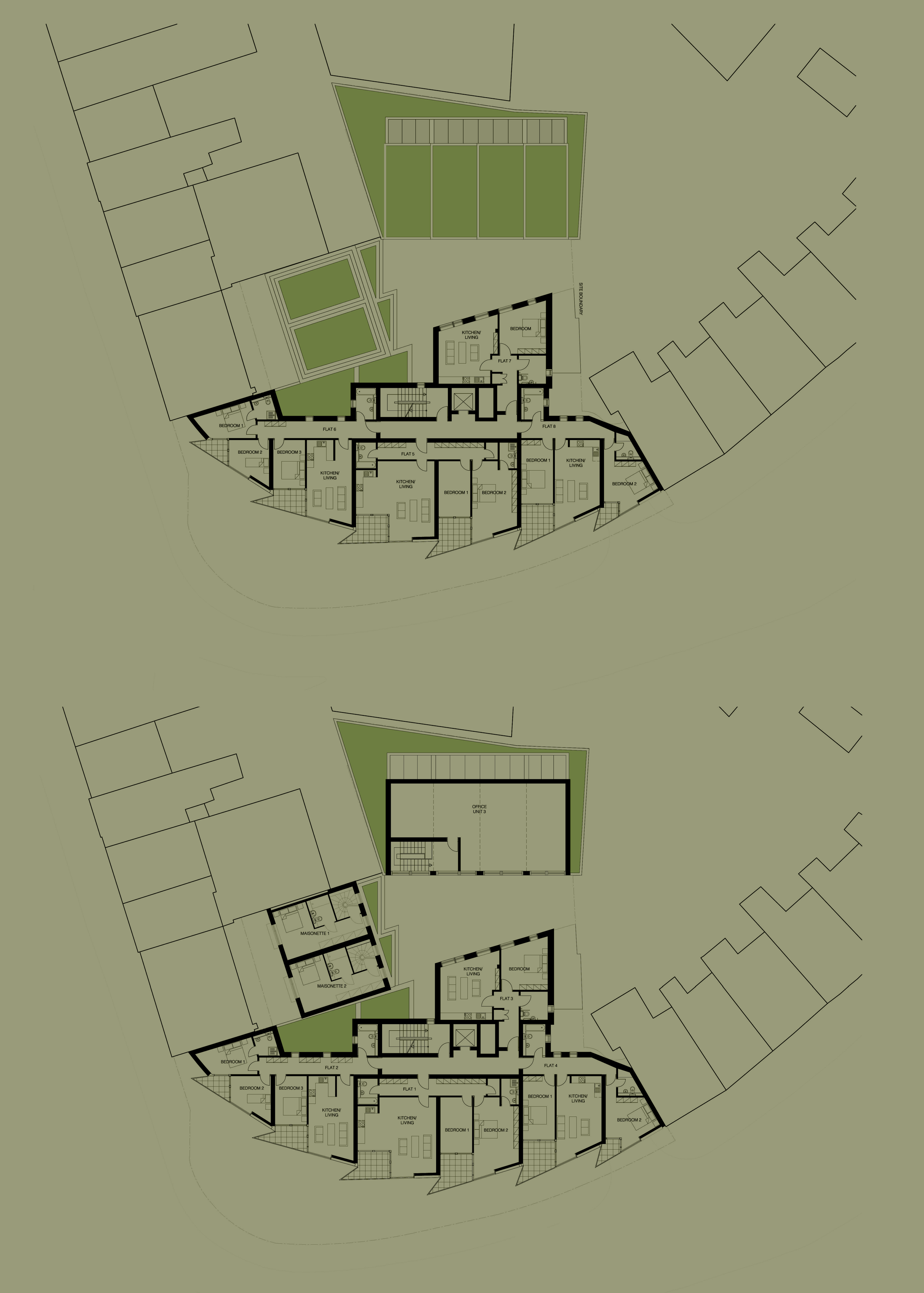 Architectural plan blueprint detailing internal room arrangements, kitchen-living spaces, bedrooms, and stairwells for a mixed-use residential project.