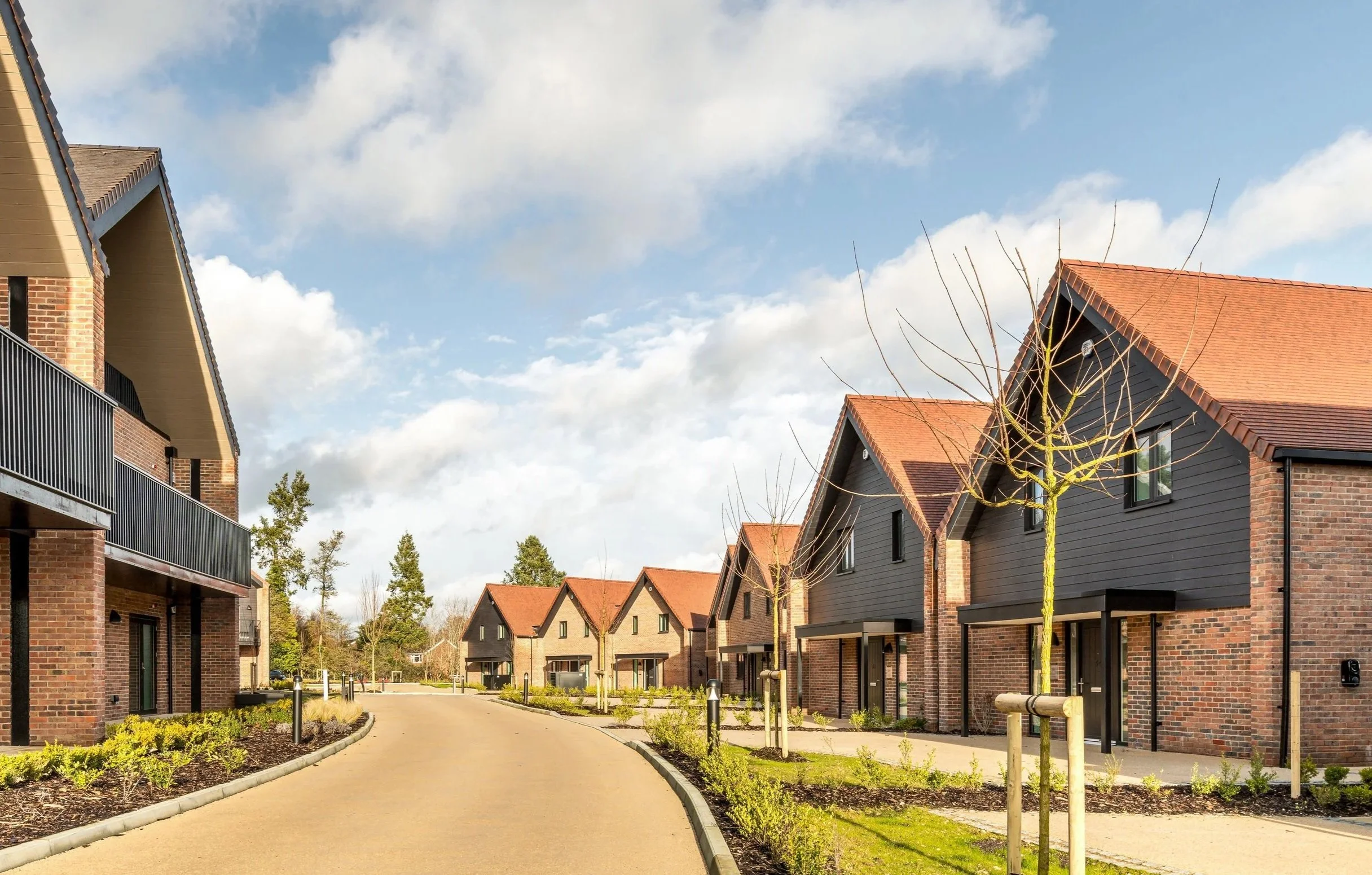 View along the main access road at Shiplake Meadows showcasing the completed contemporary cottages and apartment blocks.
