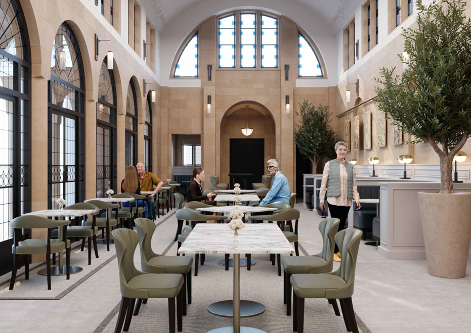 interior renderings showcasing the adaptive reuse of a Grade II listed historic chapel into a retirement village amenity.