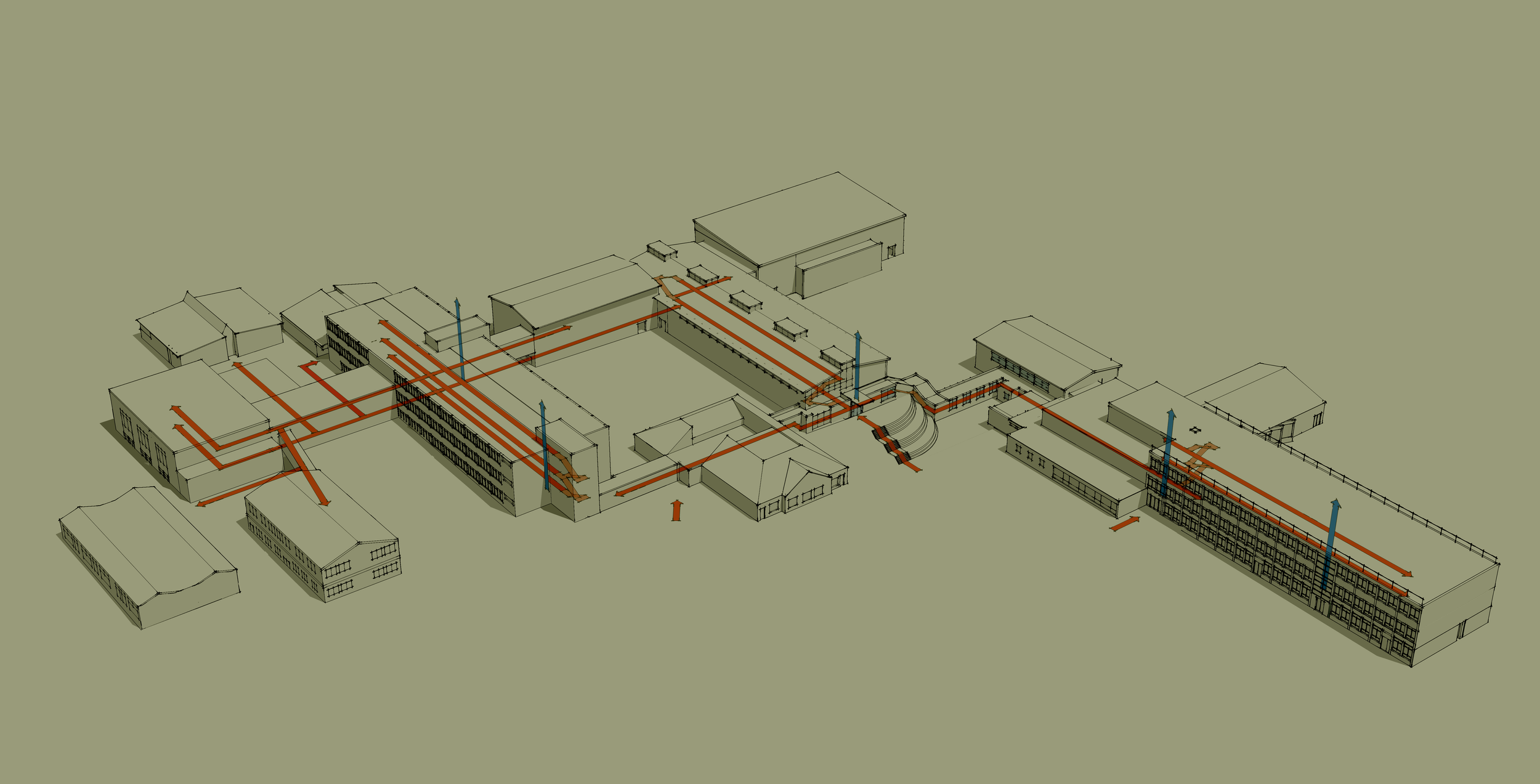 Before-and-after spatial analysis diagram of Haydon school building layout, mapping the structural intervention strategy, integrated circulation paths, and massing updates to contrast existing versus proposed developments.