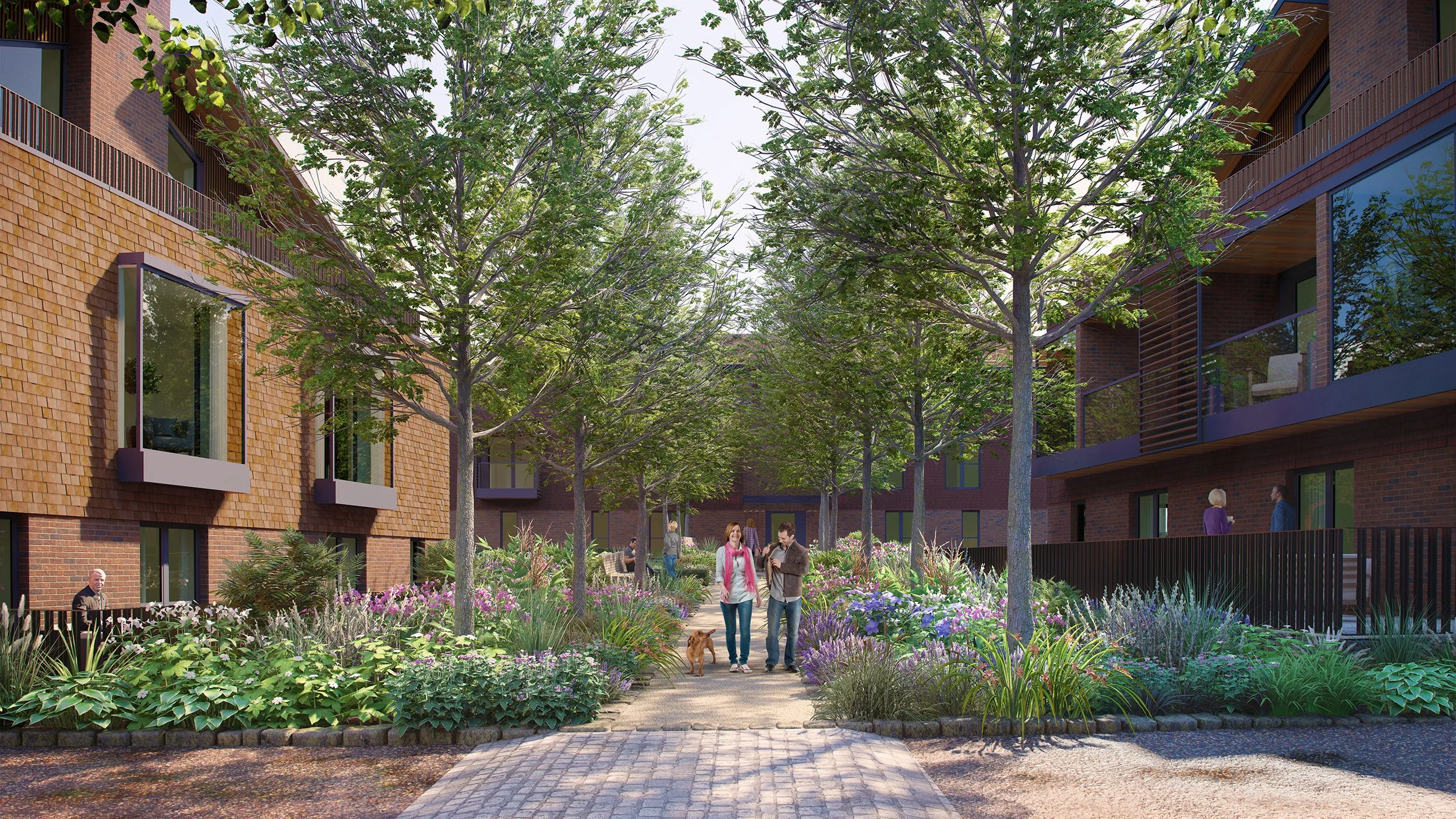 3D architectural rendering of a landscaped pedestrian courtyard at the proposed Midhurst retirement village