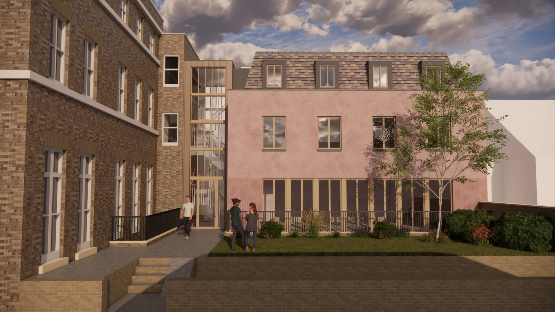 A eye-level 3D rendering showing the extension at Fulham Road viewed from the rear communal garden. This highlights the extension connected to the historic brick host building by a multi-story glazed link structure.