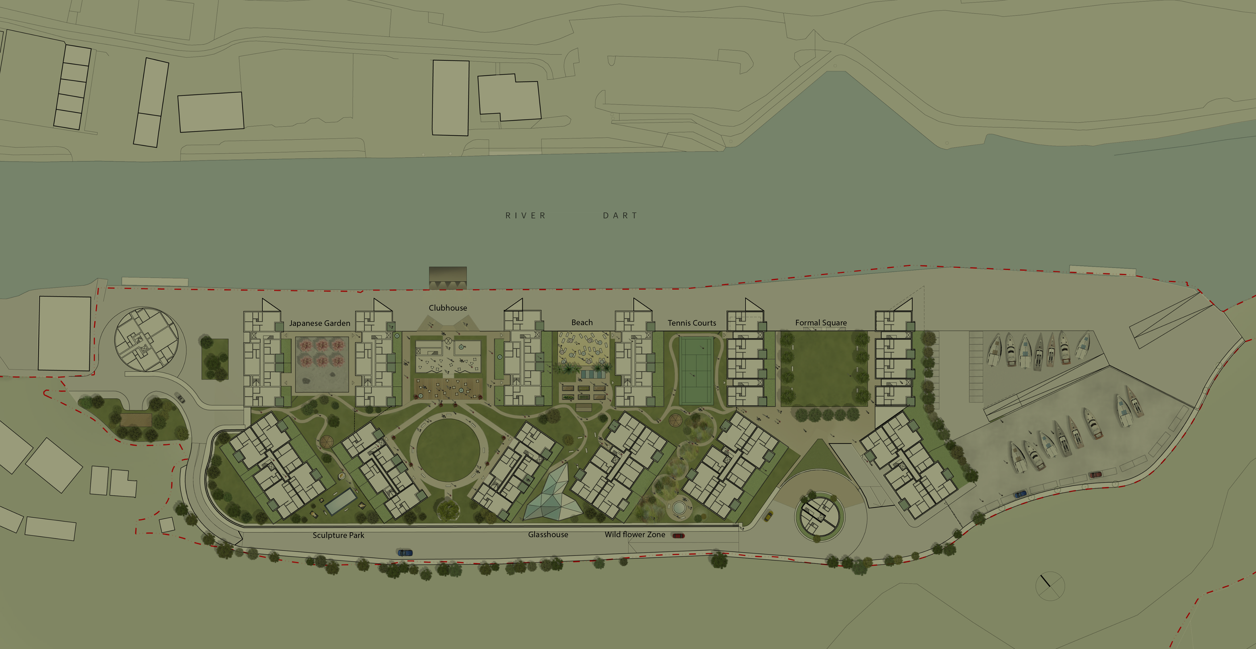 Architectural masterplan drawing for the Baltic Wharf retirement community redevelopment along the River Dart