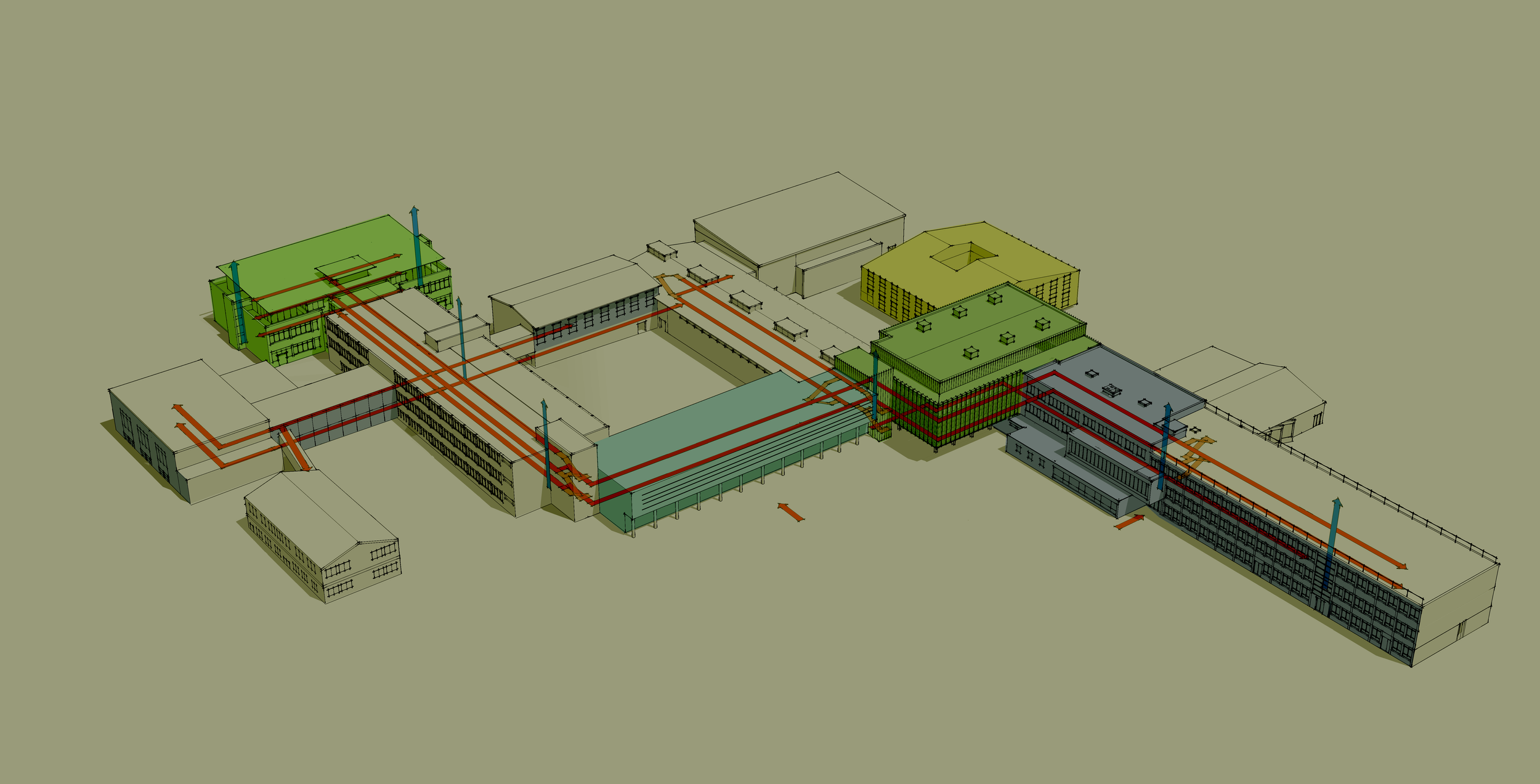 Before-and-after spatial analysis diagram of Haydon school building layout, mapping the structural intervention strategy, integrated circulation paths, and massing updates to contrast existing versus proposed developments.