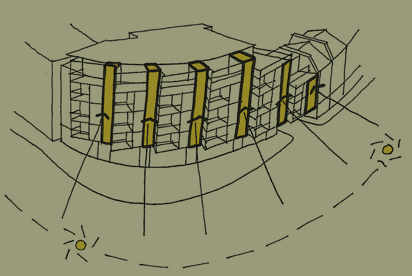 Architectural sketch of a building's exterior with side lighting.