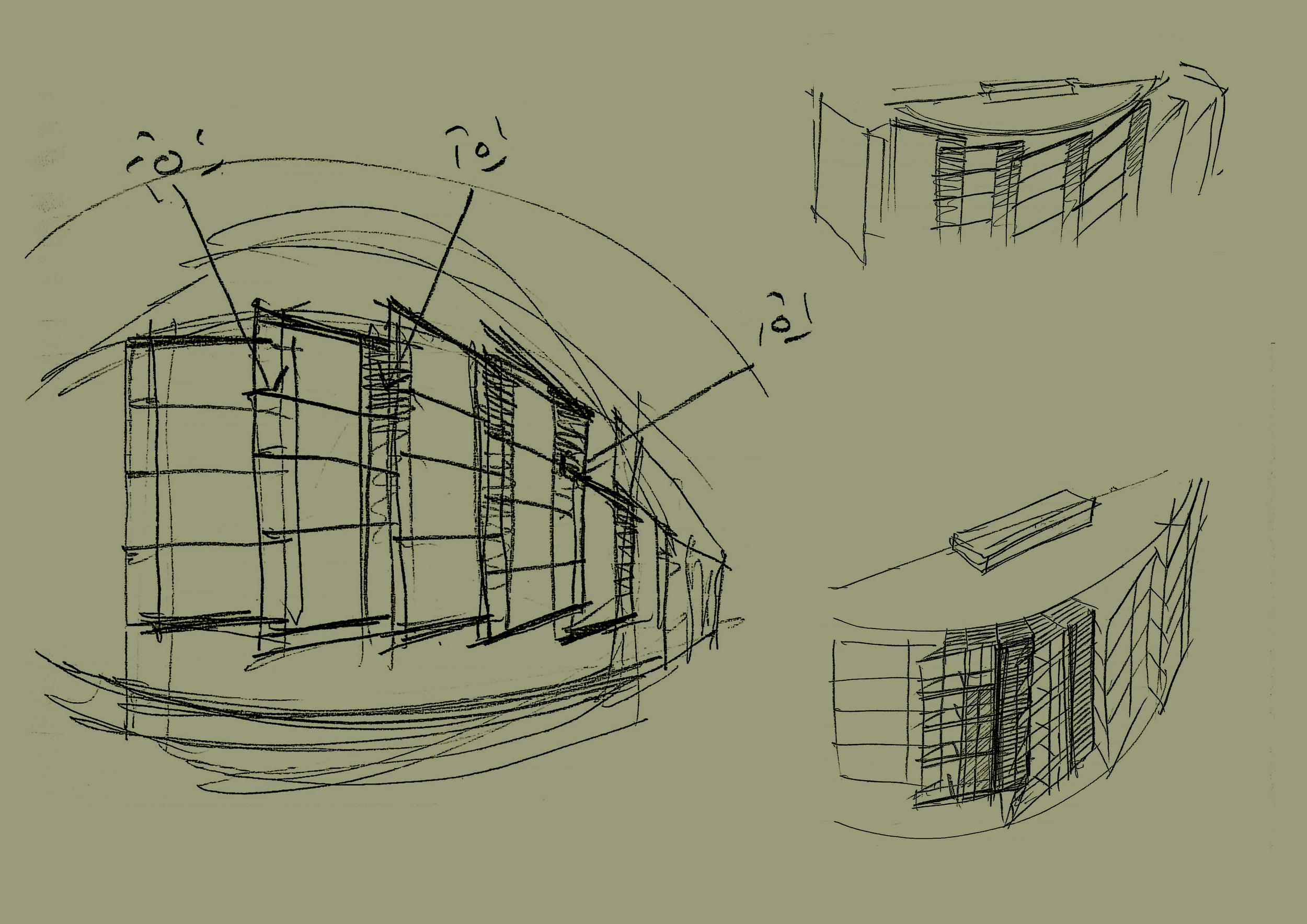 Set of freehand architectural perspective sketches illustrating solar panel integration, curved facade massing, and balcony projections on a corner site development.