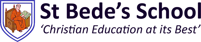 Logo of St Bede's School with an emblem of a seated person reading a book and the school's name and motto.