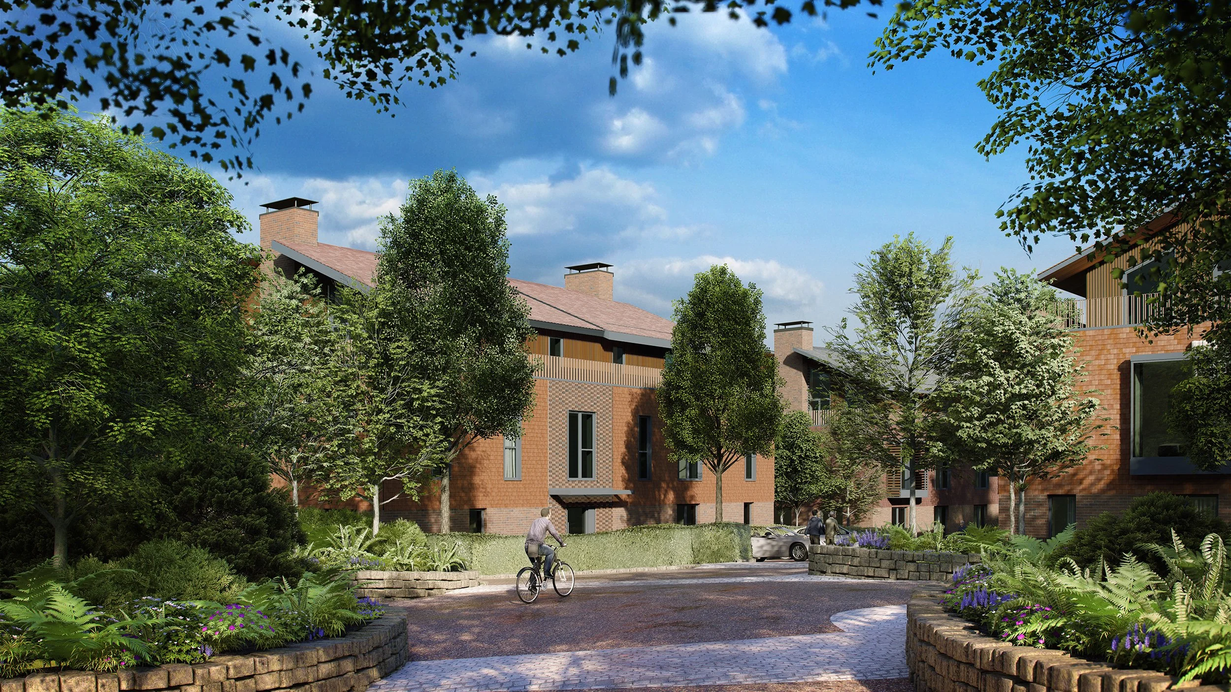 3D architectural rendering of a landscaped pedestrian courtyard at the proposed Midhurst retirement village