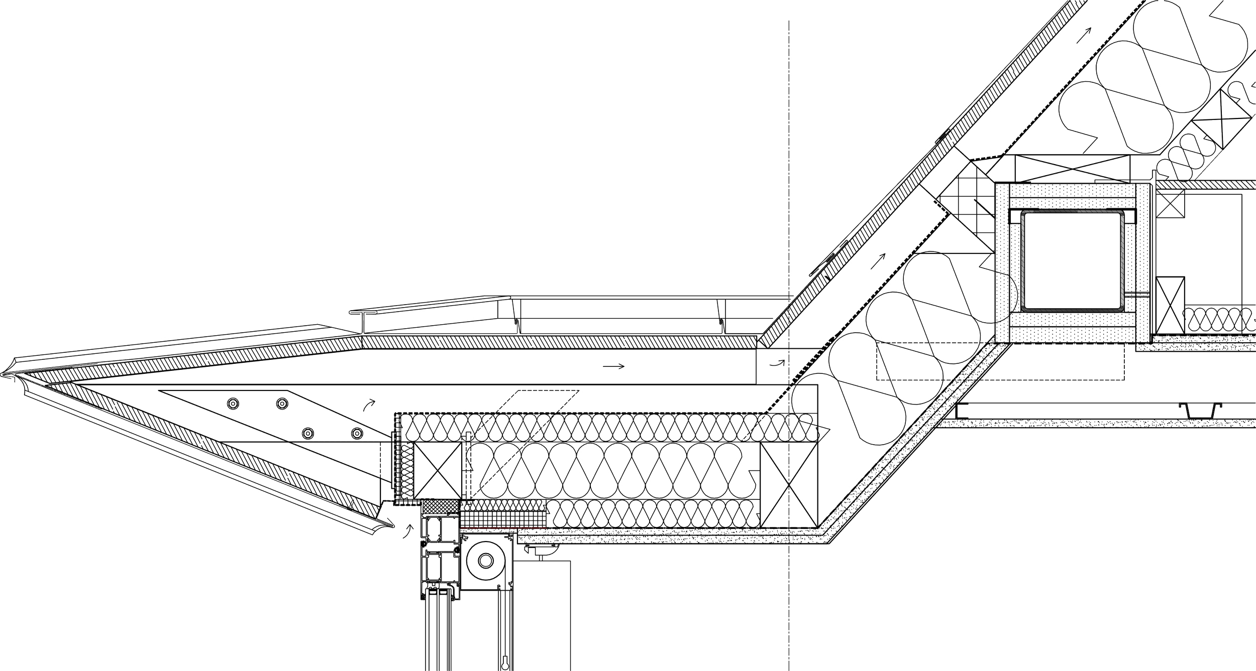 A technical detail drawing showing the section of the roof form. The drawing illustrates the construction layers, structural framing and window interface where the angled, cantilevered zinc-clad mansard profile extends past the building's envelope.