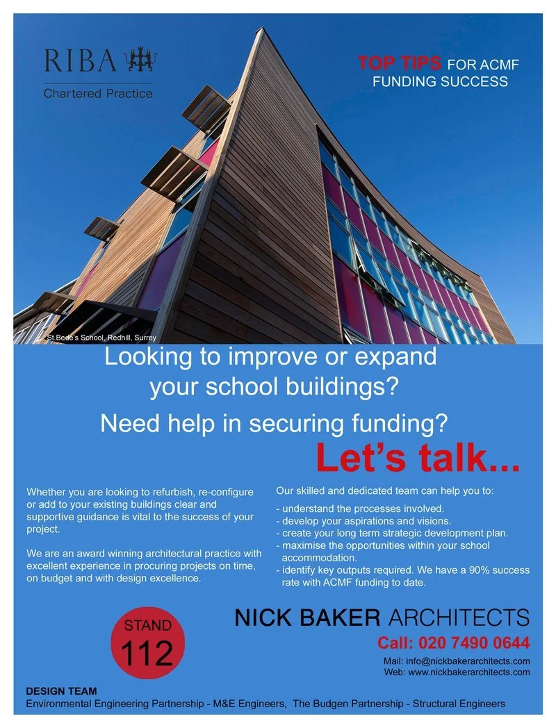 Advertisement for RIBA Chartered Practice architecture services showing a modern building with blue sky, promoting school building improvement and funding help, with contact information for Nick Baker Architects.