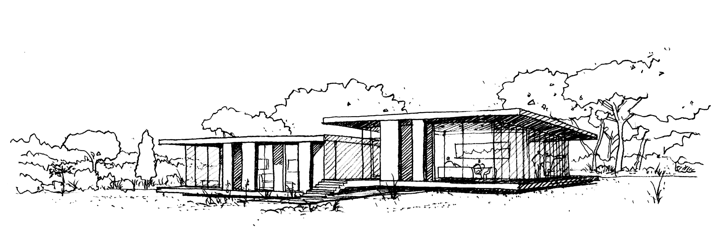 Nick Baker hand drawing of private residence with flat roof near Great Missenden, in Buckinghamshire.