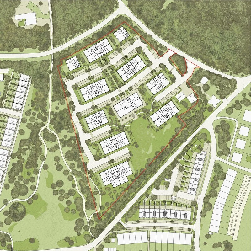 A detailed site plan of a residential complex with multiple apartment buildings, access roads, parking lots, green spaces, and surrounding wooded areas.
