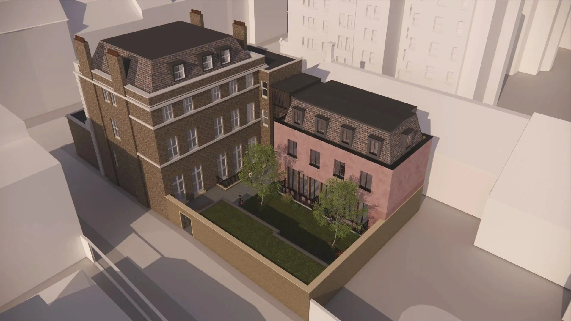 A 3D architectural rendering showing the rear perspective of 643 Fulham Road. The view highlights a historic brick building alongside a new brick rear extension