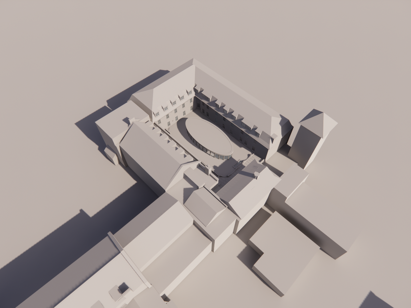 3D architectural model of St. Edmunds College's central courtyard, surrounding rooms and multiple levels for daylight study.
