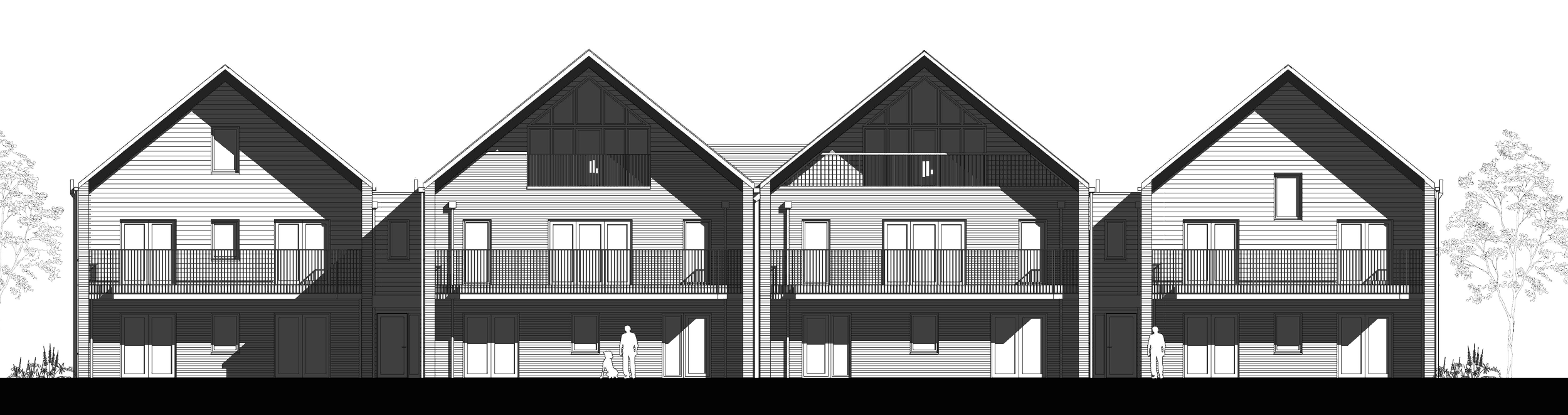 Architectural elevation rendering of Shiplake Audley retirement apartment, demonstrating timber cladding, gable ends, balconies with metal balustrades.