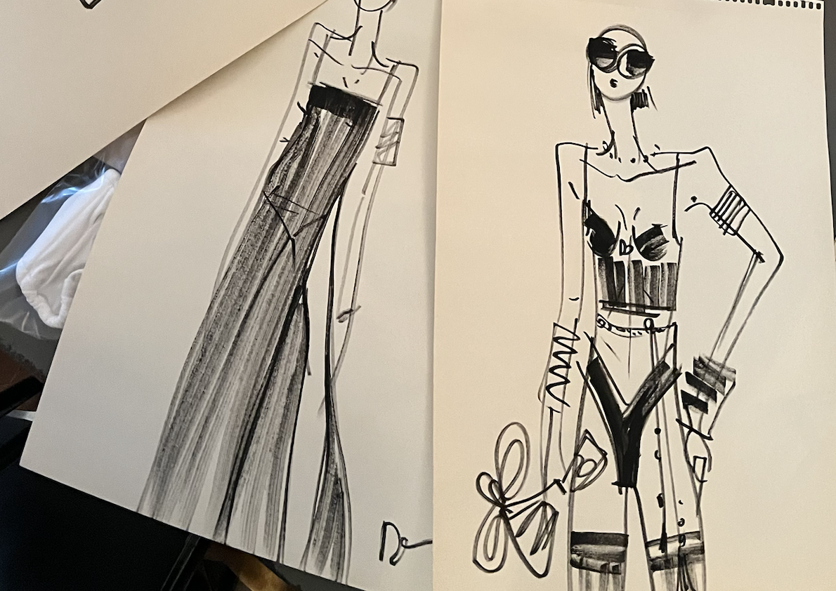 Dessin de deux femmes en mode fashion, vêtues de vêtements audacieux et accessoires, style ébauche de mode.