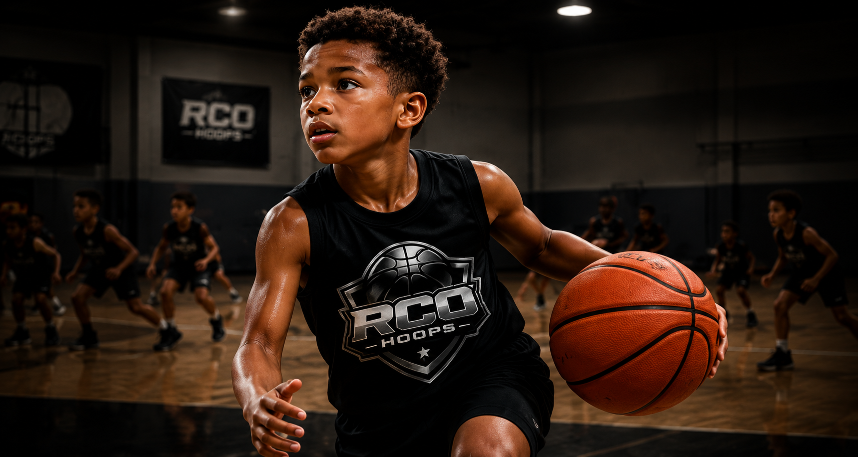 Young boy dribbling a basketball on an indoor court with other children in the background, all wearing RCO Hoops shirts.