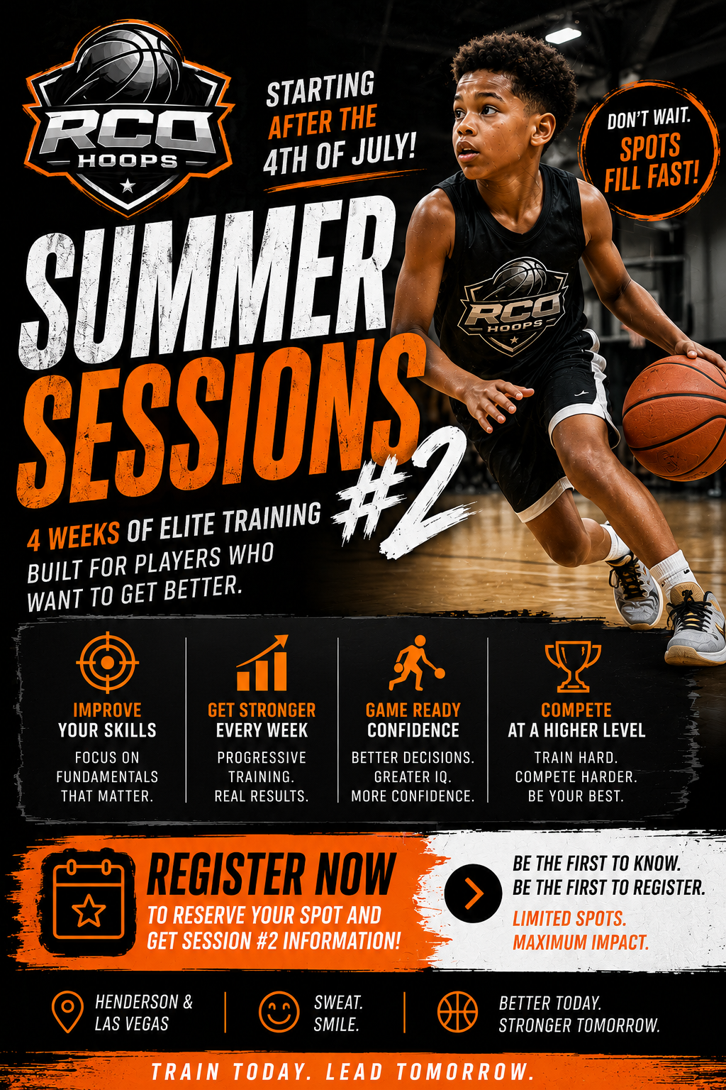 A young basketball player in a black tank top and shorts dribbling a basketball on an indoor court, promoting summer basketball training sessions with bold orange and white text overlays.