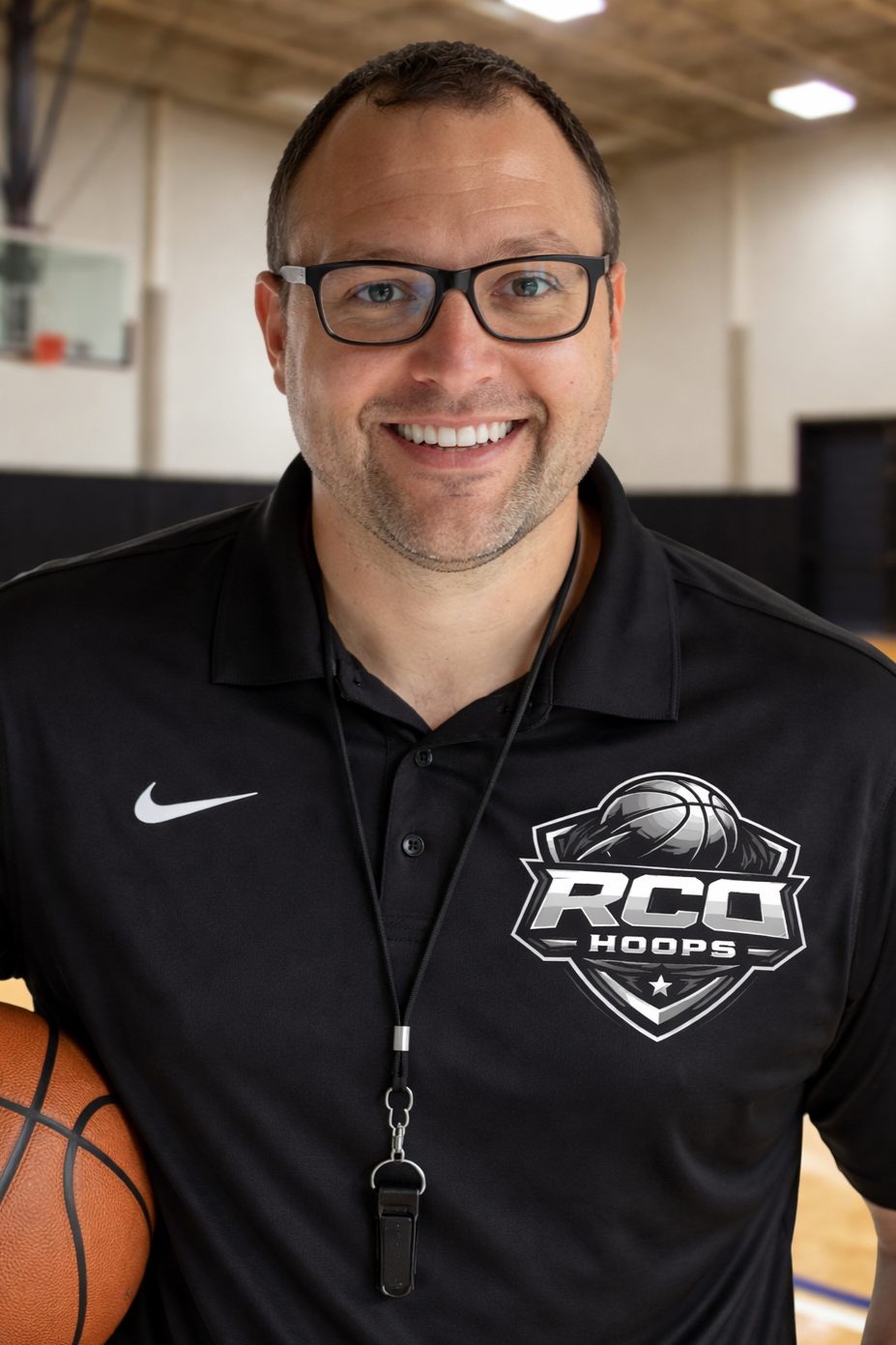 A basketball coach smiling inside a gym, wearing a black polo shirt with the "RCO Hoops" logo, glasses, and a whistle around his neck, holding a basketball.