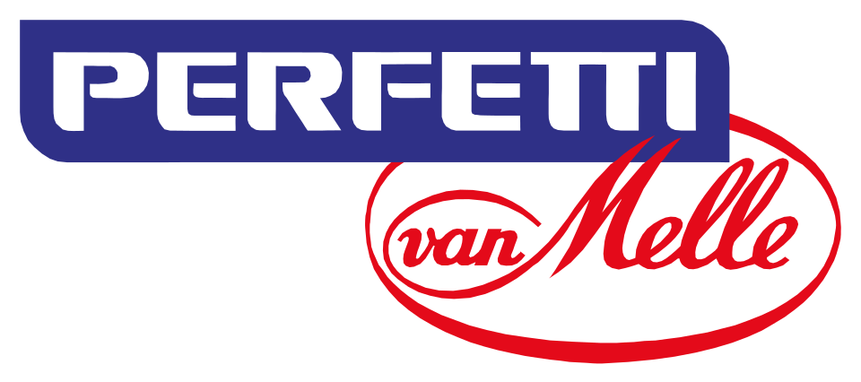 Logo met de woorden 'Perfecti van Melle' in blauw en rood, met een witte achtergrond.