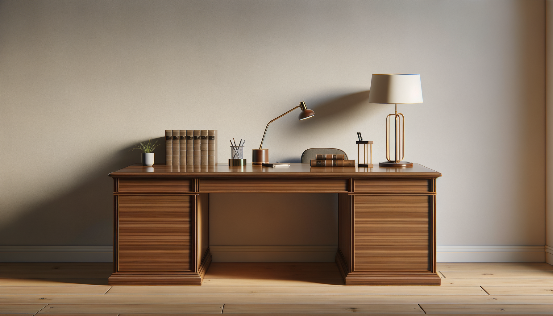 Een houten bureau met een beige muur op de achtergrond, versierd met boeken, een plantenpot, een bureaulamp, pennen en andere kantoorbenodigdheden.