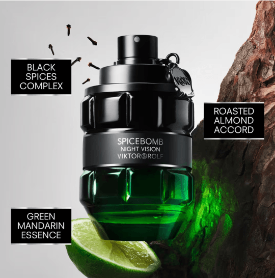 Viktor&Rolf Spicebomb Night Vision men's fragrance 3 oz EDT featuring green apple, cardamom, spices and tonka bean.