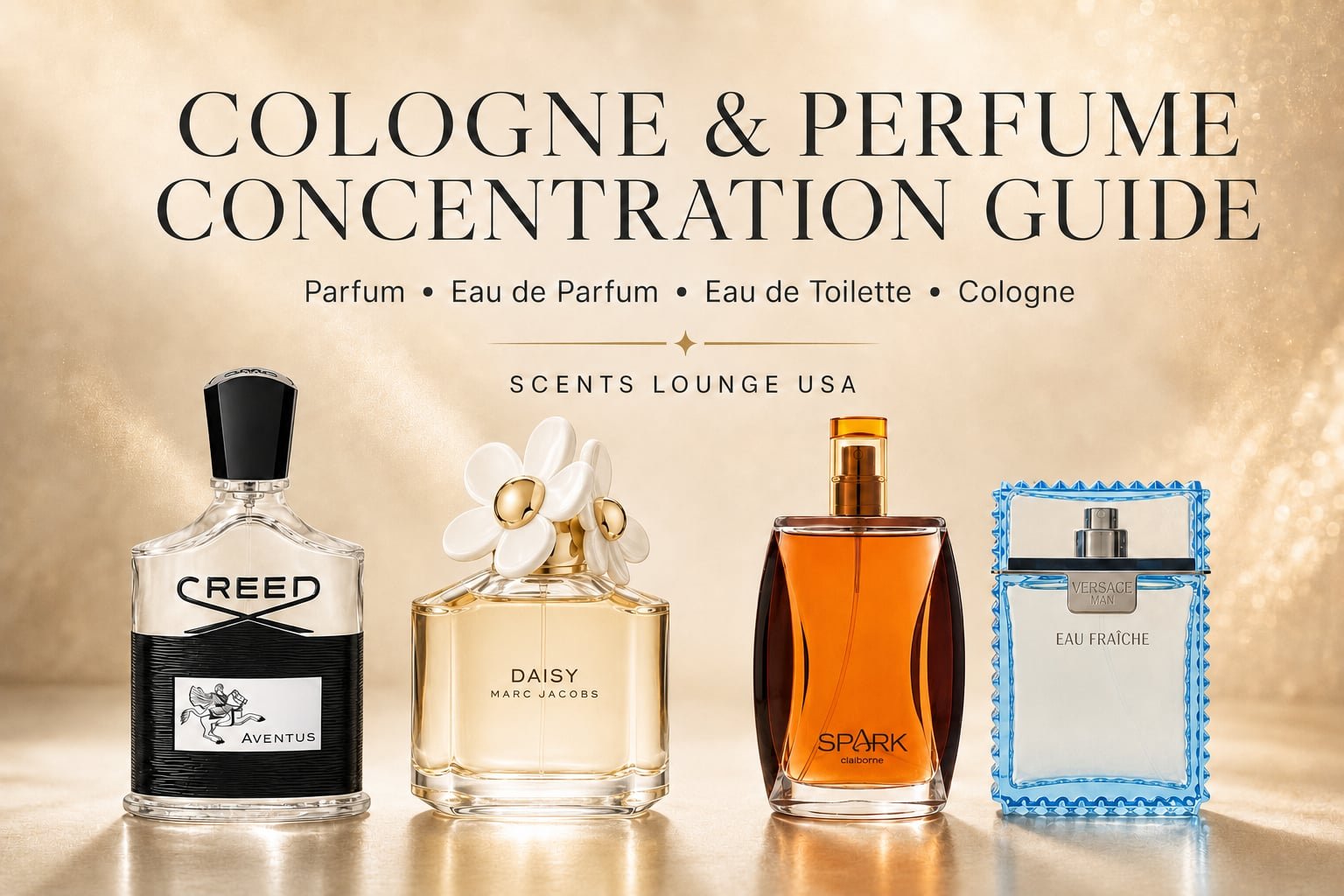 Eau de Parfum, Eau de Toilette, and Parfum fragrance bottles illustrating the different types of perfume and cologne concentrations.
