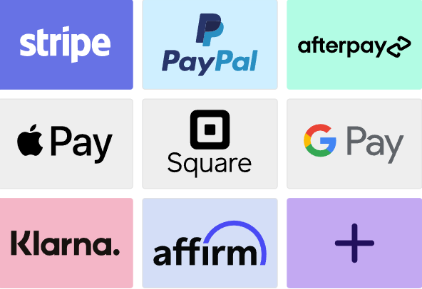 Grid of 9 logos showing Accepted Payments, like Stripe, PayPal, Afterpay, Apple Pay, Square, G Pay, Klarna, Affirm & a plus sign.