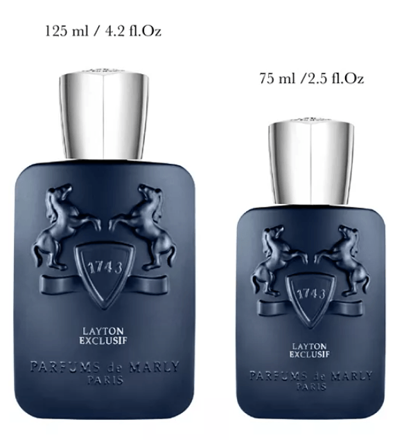 At Scents Lounge USA we have both sizes of Parfums de Marly Layton Exclusif in 2.5 oz and 4.2 oz sizes.