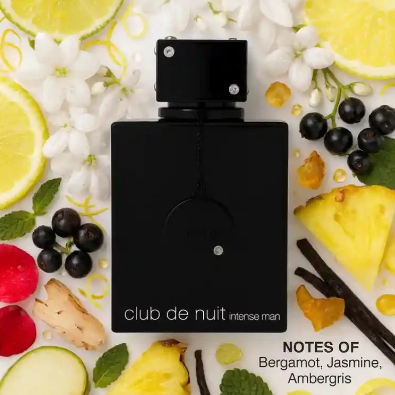 Club De Nuit Intense by Armaf Eau De Parfum Spray 6.8 oz for Men featuring citrus, pineapple, birch, ambergris, patchouli, and vanilla notes.