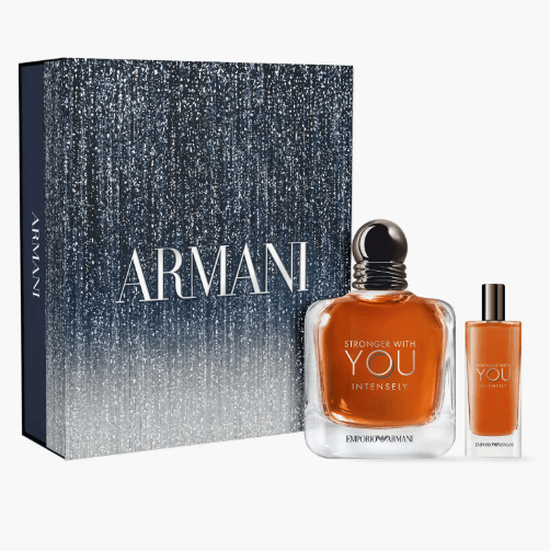 Armani Stronger With You Intensely men's gift set with 3.4 oz EDP bottle and 0.5 oz travel spray.