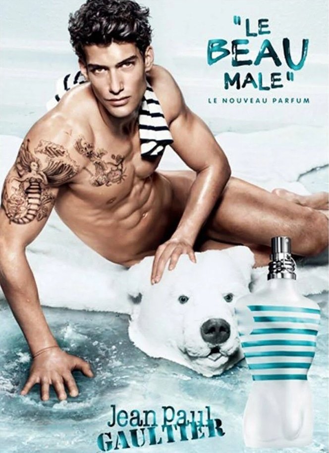 Male model displaying Jean Paul Gaultier discontinued fragrance Le Beau Male EDT 4.2 oz Men's Fragrance