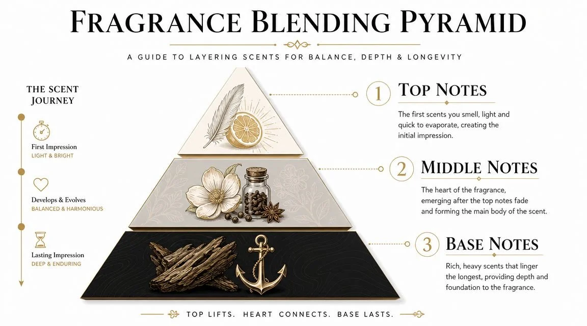 Illustrating the Fragrance Pyramid layering Top, Heart(Middle) & Base Notes.