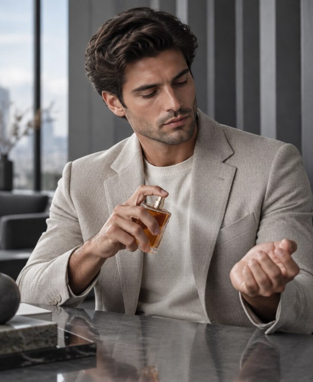 Younger gentleman spraying on Club De Nuit Untold in his office.