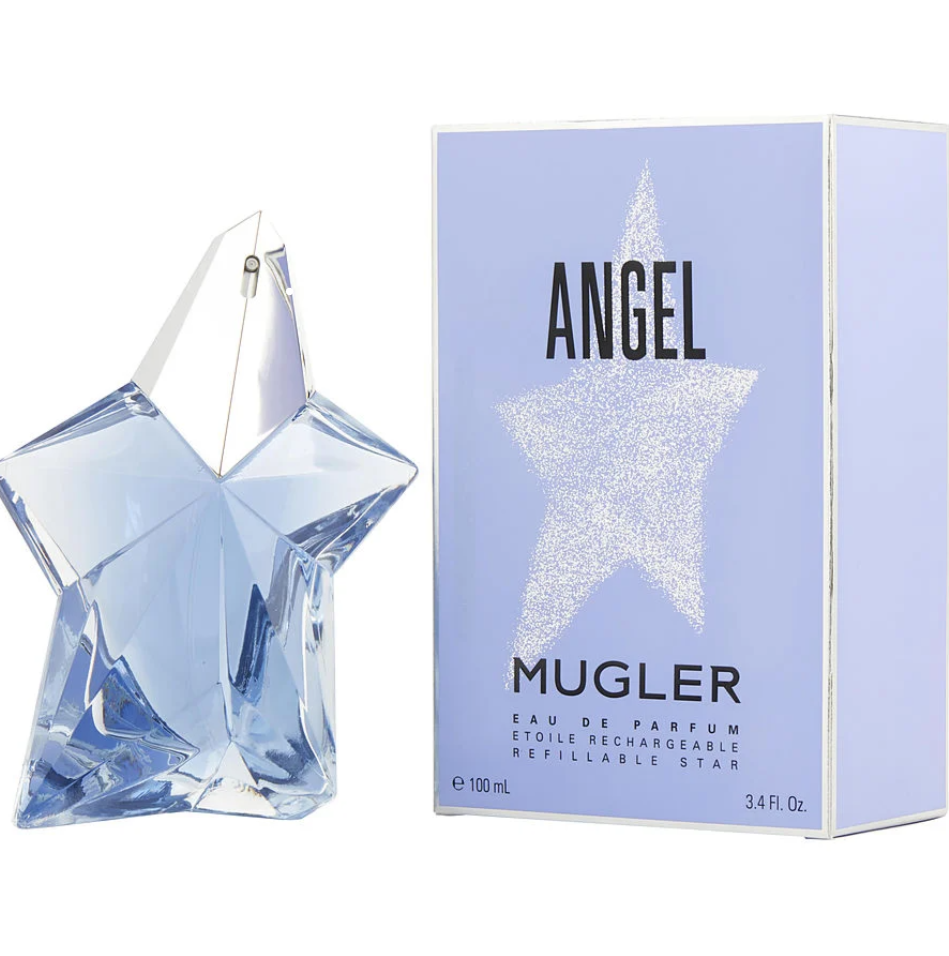 Mugler Angel 100ml Eau de Parfum refillable spray in iconic blue Standing Star perfume, box and bottle.