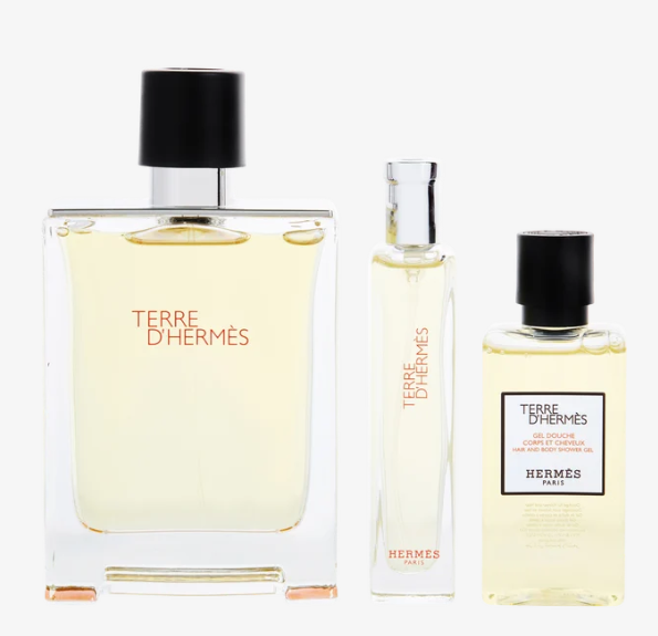 HERMES Terre d’Hermès Eau de Toilette men's gift set with full-size 3.3oz fragrance, 0.5oz travel size and 1.35oz shower gel.