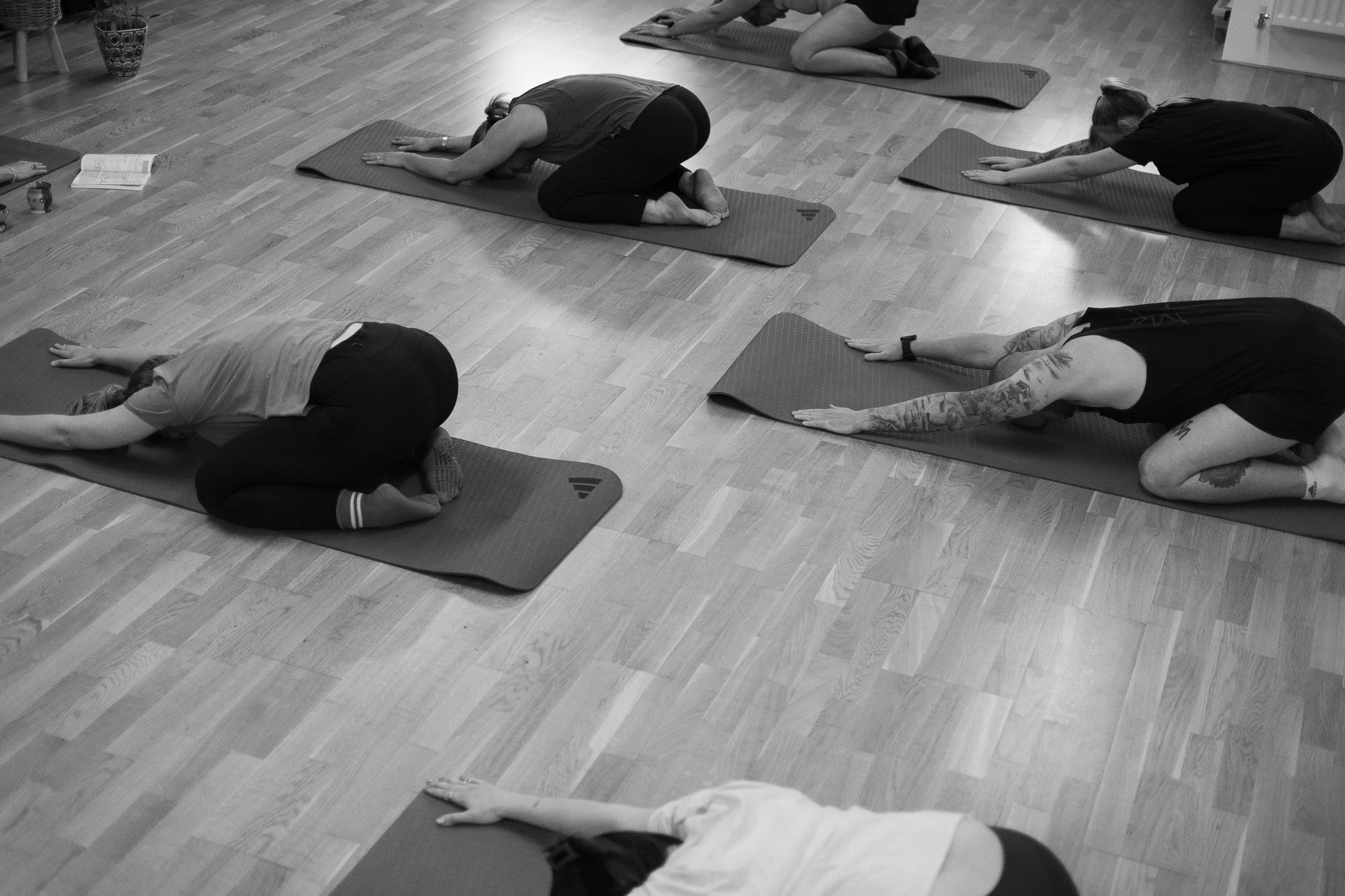 People participating in a yoga class, kneeling on yoga mats with their arms extended forward and heads down, practicing yoga poses in a room with wooden floors.